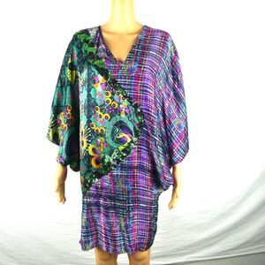 Custo Barcelona Batwing Silk Abstract Floral Plaid Sequin Dress Colorful Small